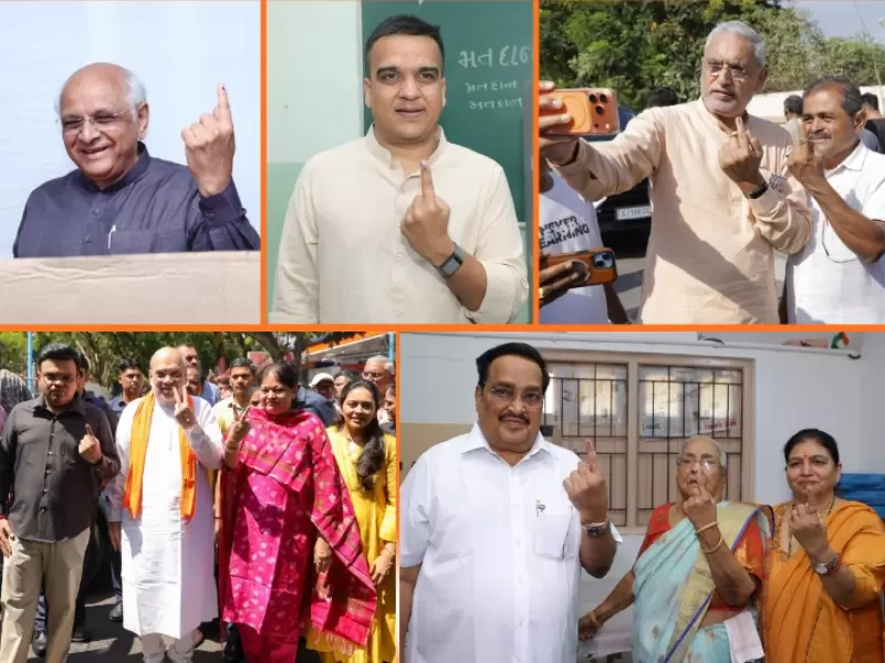  (ઉપર) મુખ્યમંત્રી ભુપેન્દ્ર પટેલ, ઉપ-મુખ્યમંત્રી હર્ષ સંઘવી, ભાજપ પ્રદેશ પ્રમુખ જગદીશ વિશ્વકર્મા. (નીચે) કેન્દ્રીય ગૃહ મંત્રી અમિત શાહ પરિવાર સાથે, કેન્દ્રીય મંત્રી સી.આર.પાટીલ પરિવાર સાથે 