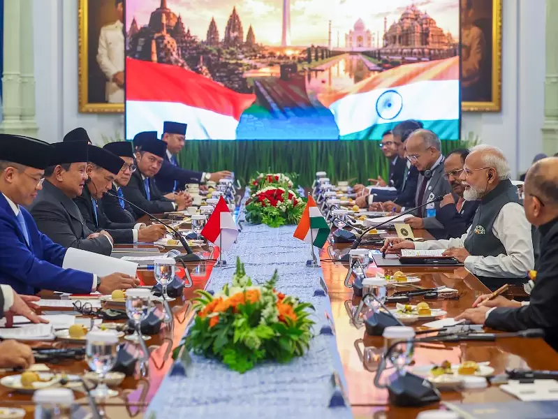  इंडोनेशिया में प्रतिनिधिमंडल-स्तर की बैठक के दौरान प्रधानमंत्री नरेंद्र मोदी और इंडोनेशिया के राष्ट्रपति प्राबोवो सुबियांतो 